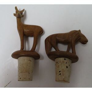 Lot 2 Vintage Carved Wood African Animals Corks Bottle Stoppers Lion Antelope
